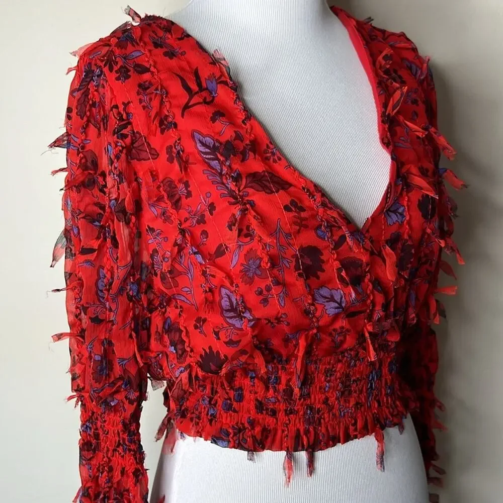 Zara Red Floral Fringe Long Sleeve V-Neck Crop Top